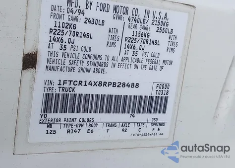 1994 Ford Ranger Super Cab z USA, uszkodzony, nr VIN 1FTCR14X8RPB28488